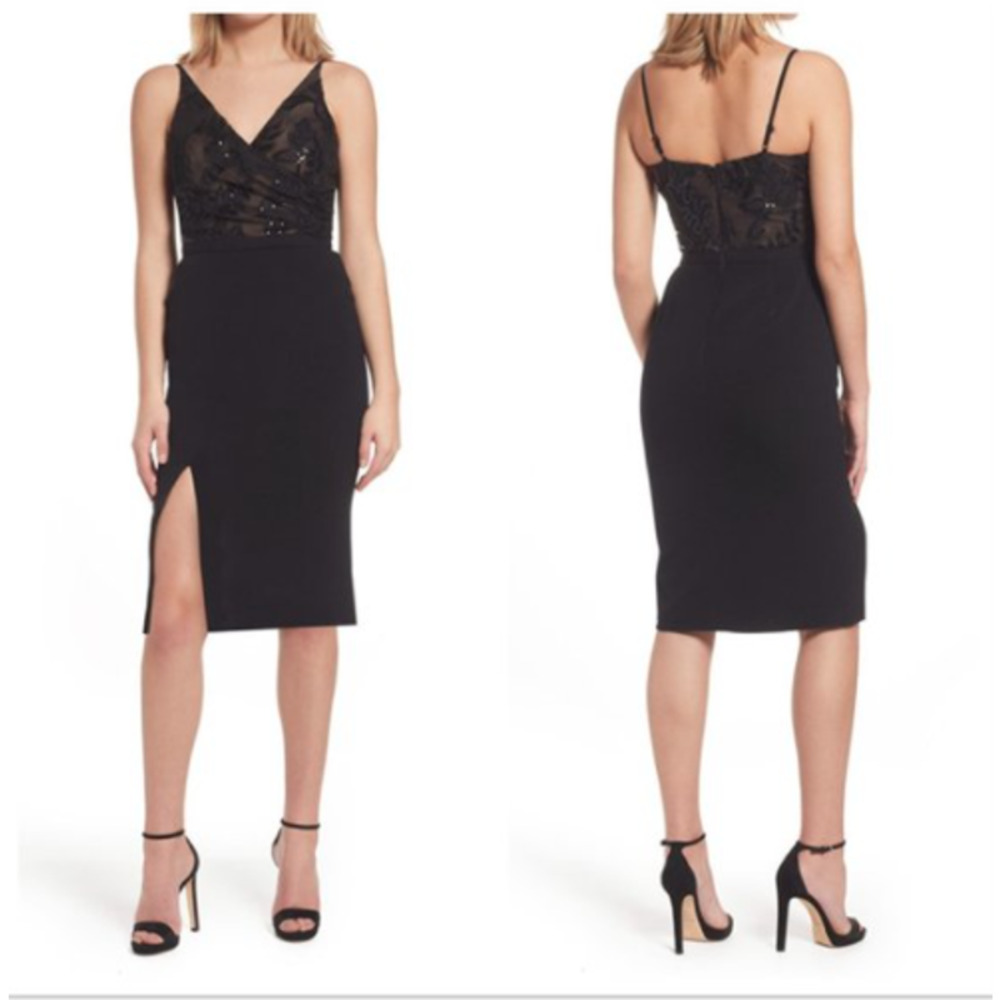 Dress The Population Womens Giulia Sequin Crepe Dress Large Black NWT.